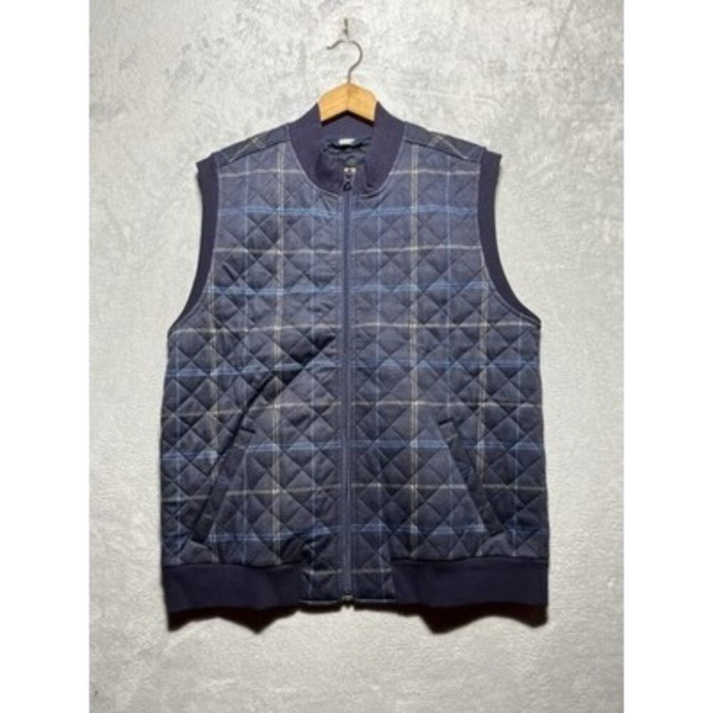 NEW Lands' End Men's Size Medium Navy Blue Plaid Quilted Zip Vest
